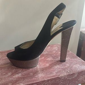 Jimmy Choo UK SIZE 40 (size 9 US) metallic chunky heel black suede detail